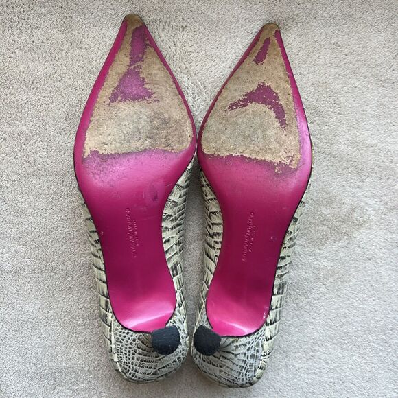 Emanuel Urgaro Paris Embossed Snakeskin Cream Taupe Leather Pumps Pointy Women 8 - Picture 15 of 16